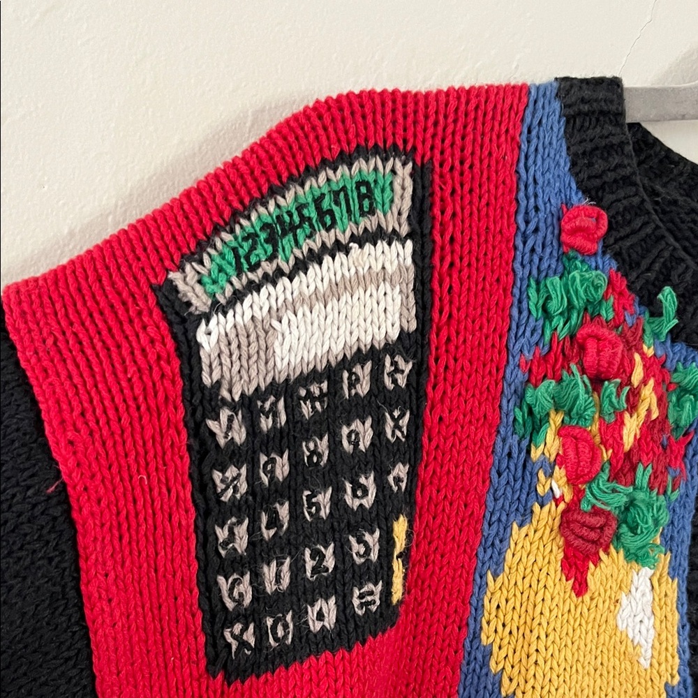 Black Knit Speciality Print Embroidered Workday Teacher Cardigan Sweater RARE - Picture 4 of 12